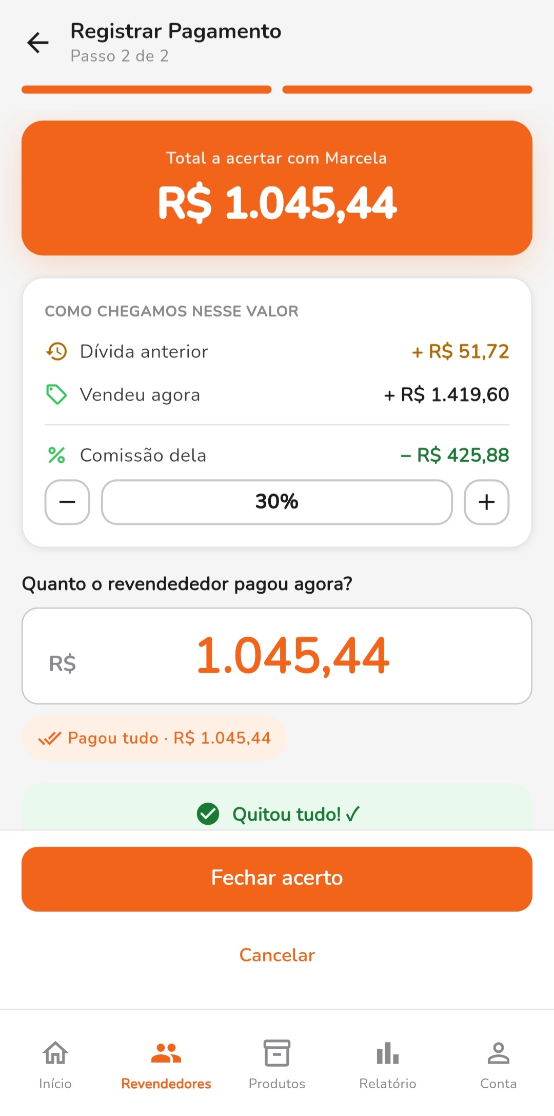 Tela de acerto no Acerto Simples mostrando o valor vendido, a comissão da revendedora e o saldo a pagar