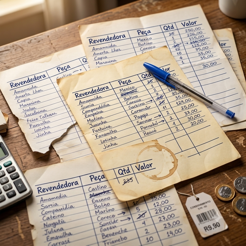 Fotografia de folhas de caderno com anotações bagunçadas de vendas, valores e nomes de revendedoras