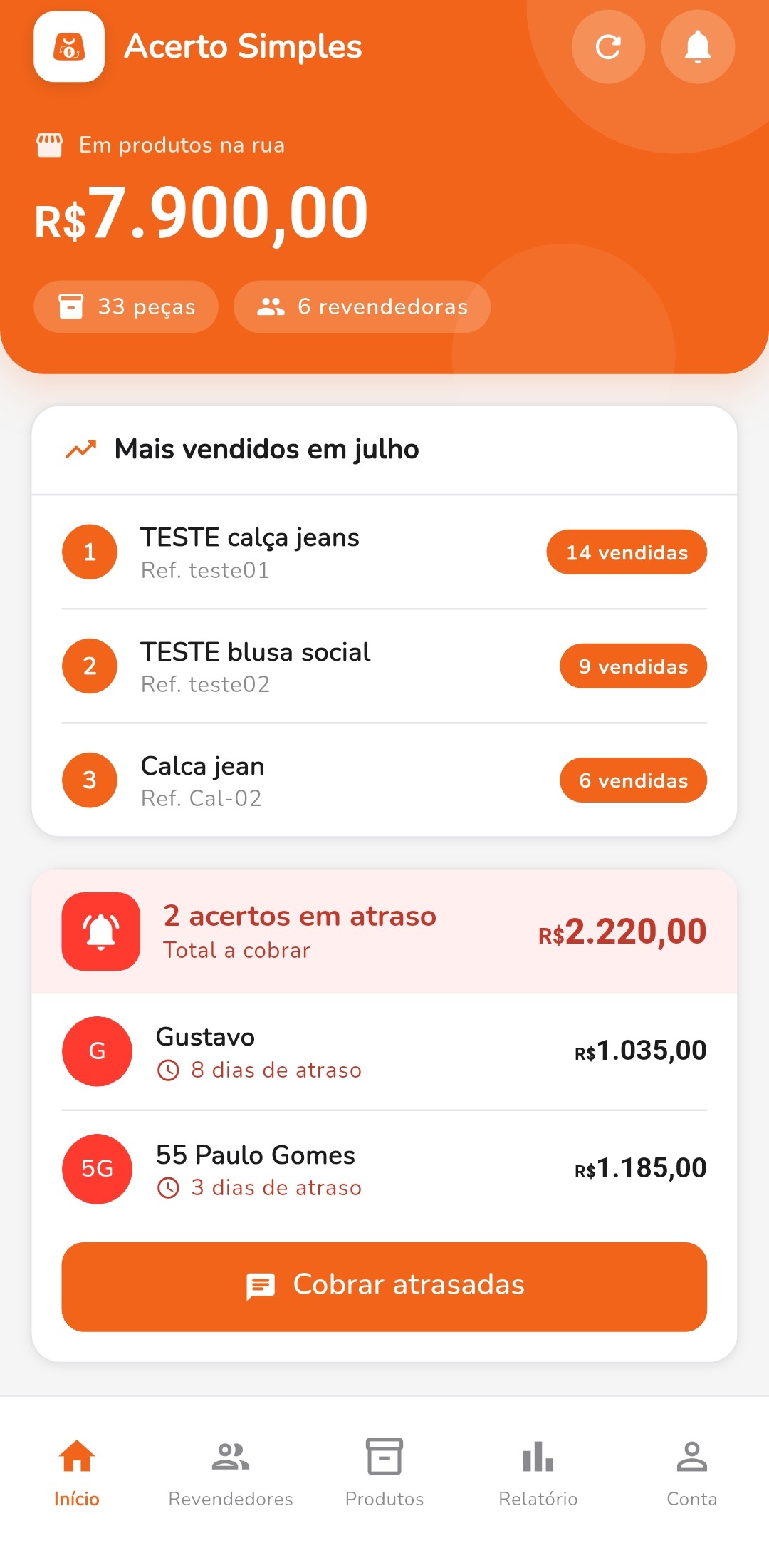 Tela inicial do Acerto Simples mostrando o valor em produtos na rua, os itens mais vendidos do mês e o lucro do mês