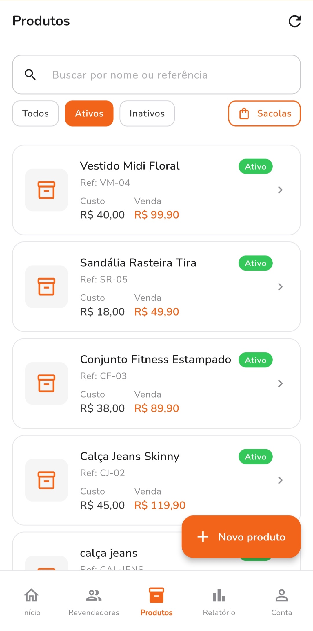 Lista de produtos cadastrados no Acerto Simples com preço de custo e de venda de cada peça