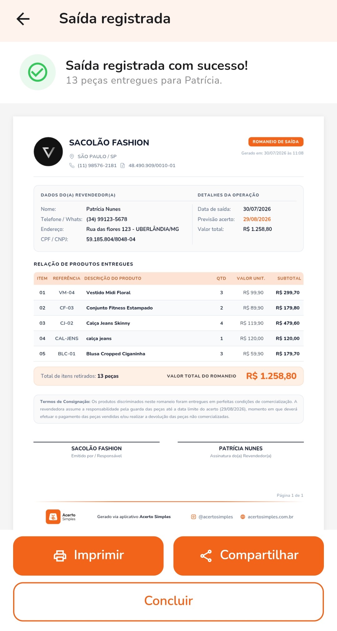 Tela de conclusão de saída no Acerto Simples mostrando o preview do romaneio em PDF com a marca da loja